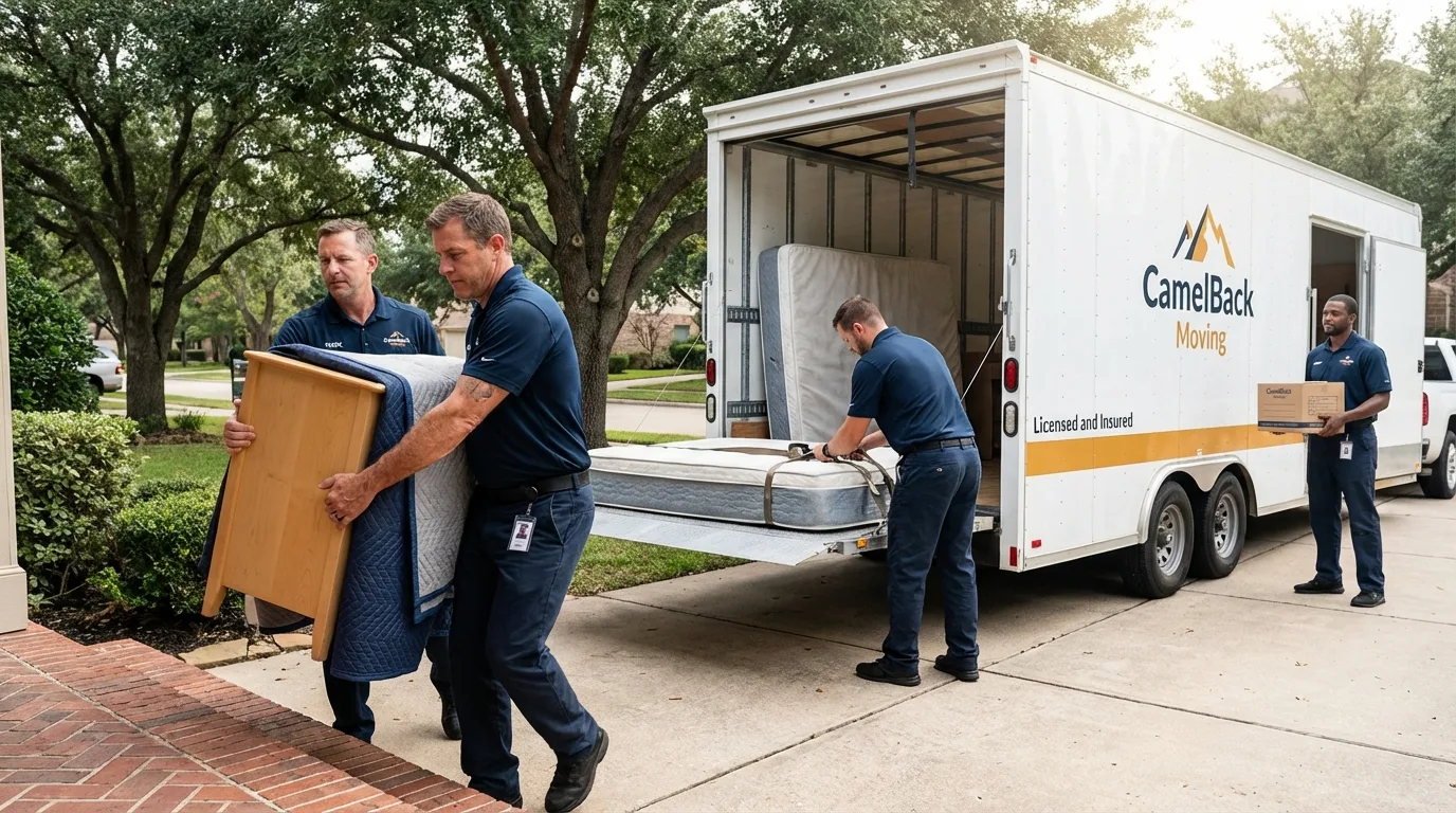 Crew loading residential truck for cross-state move from Crane, MO