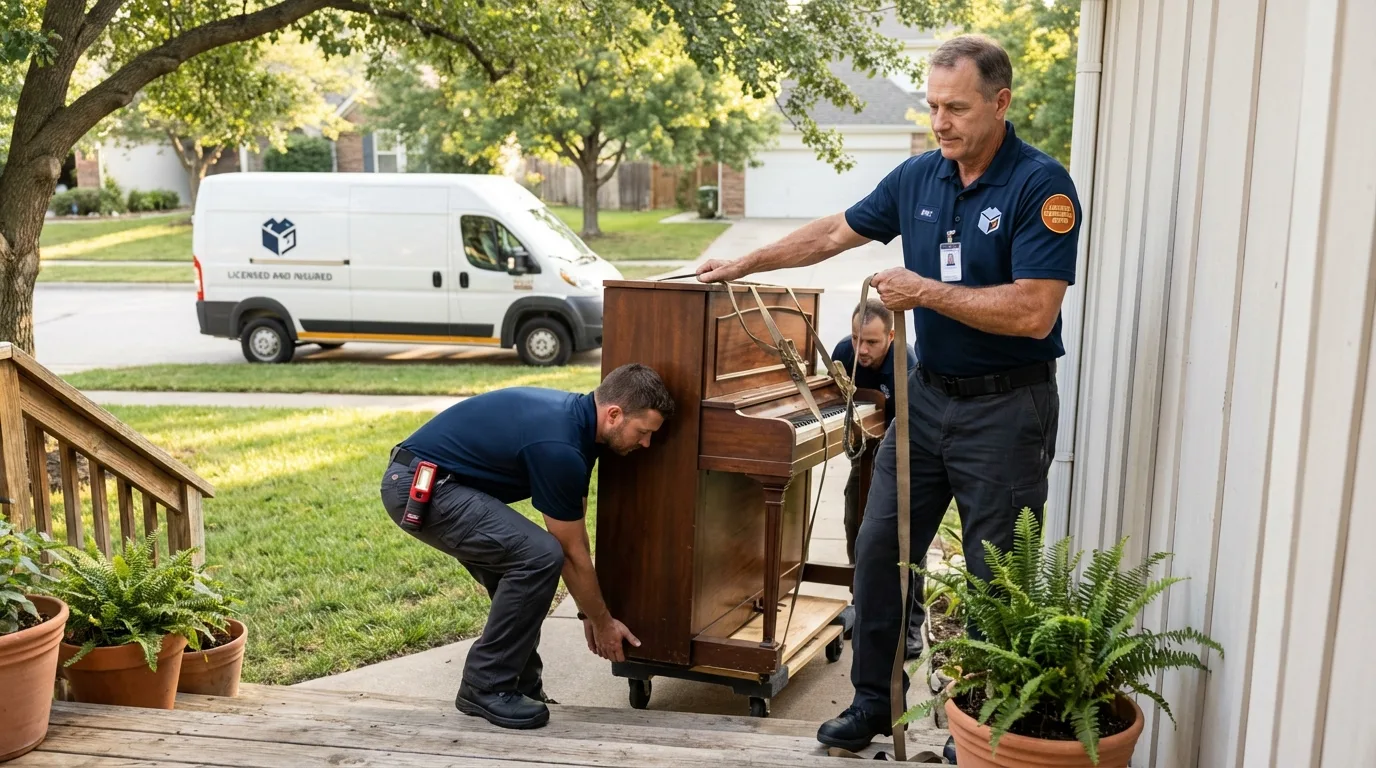 Licensed piano movers securing grand piano in Crane, MO