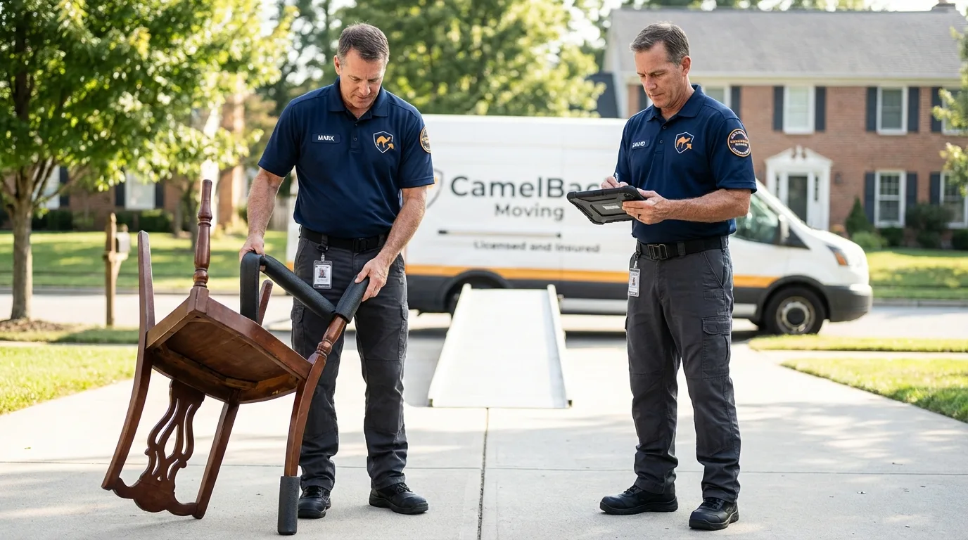 Movers inspecting furniture for damage prevention before loading in Crane, MO