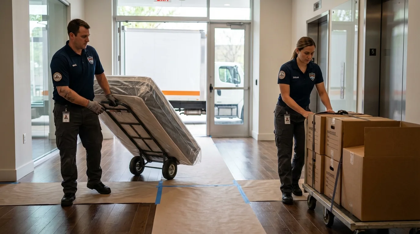 Professional apartment movers loading elevator in Crane, MO