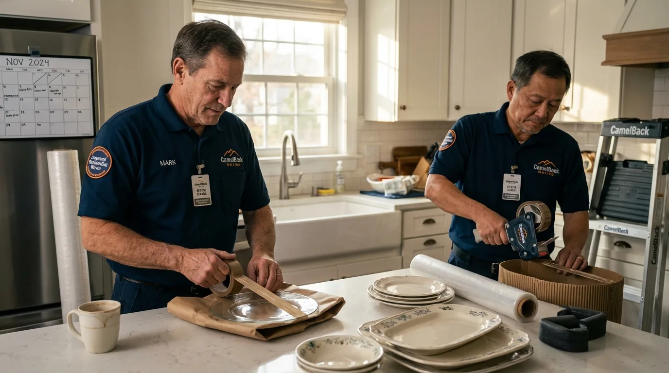 Professional crew packing kitchen dishware in Crane, MO